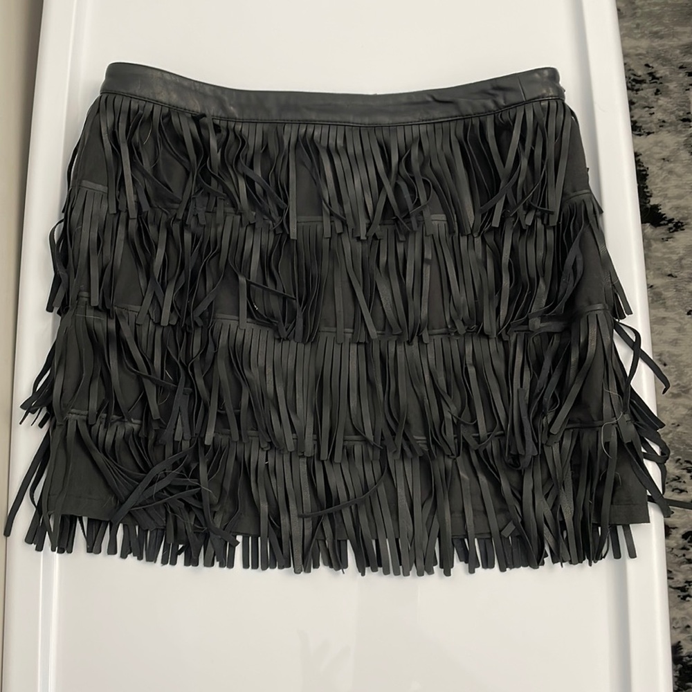 Faux leather fringe skirt